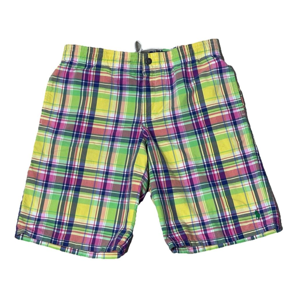 Ralph Lauren Polo Swim Trunks Men Large Plaid Yellow Pink Green Pony Shorts